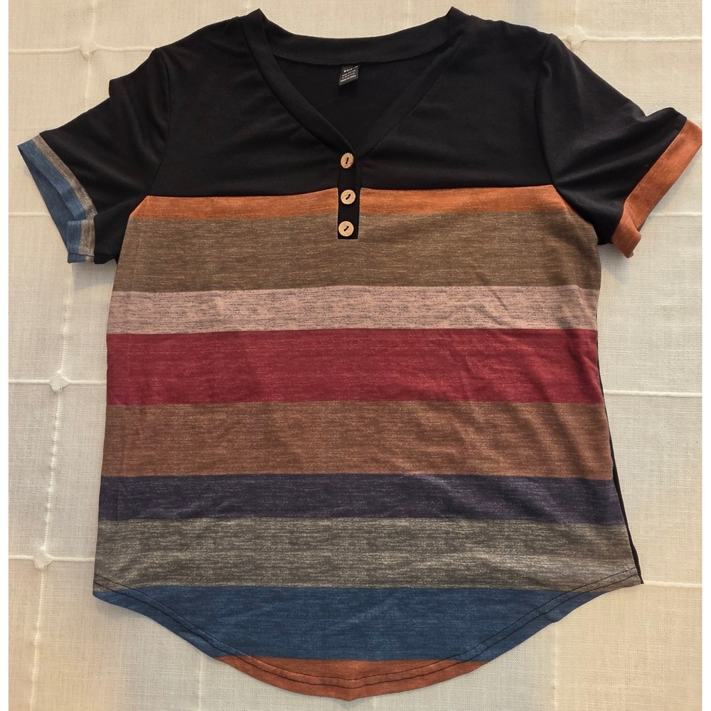 SHEIN Womens Henley V-Neck Multi-Color Striped Short Sleeve‎ Shirt Black Large